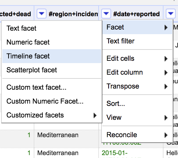 Selecting timeline facet