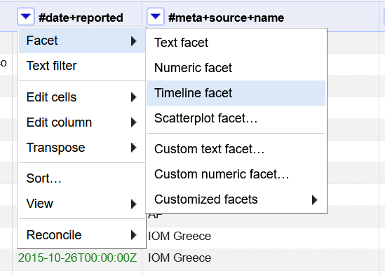 Selecting timeline facet